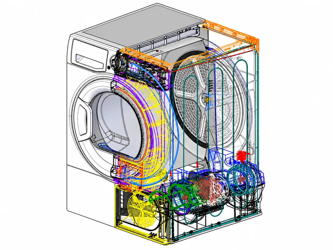 Modello CAD 3D di un'asciugatrice in trasparenza