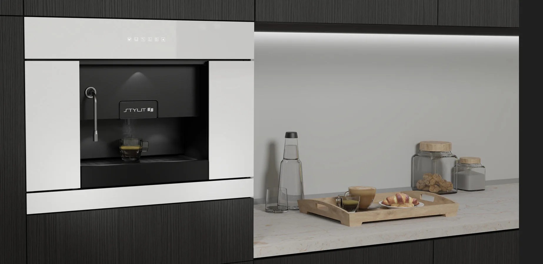 Render fotorealistico di una macchina da caffè da incasso in un ambiente cucina