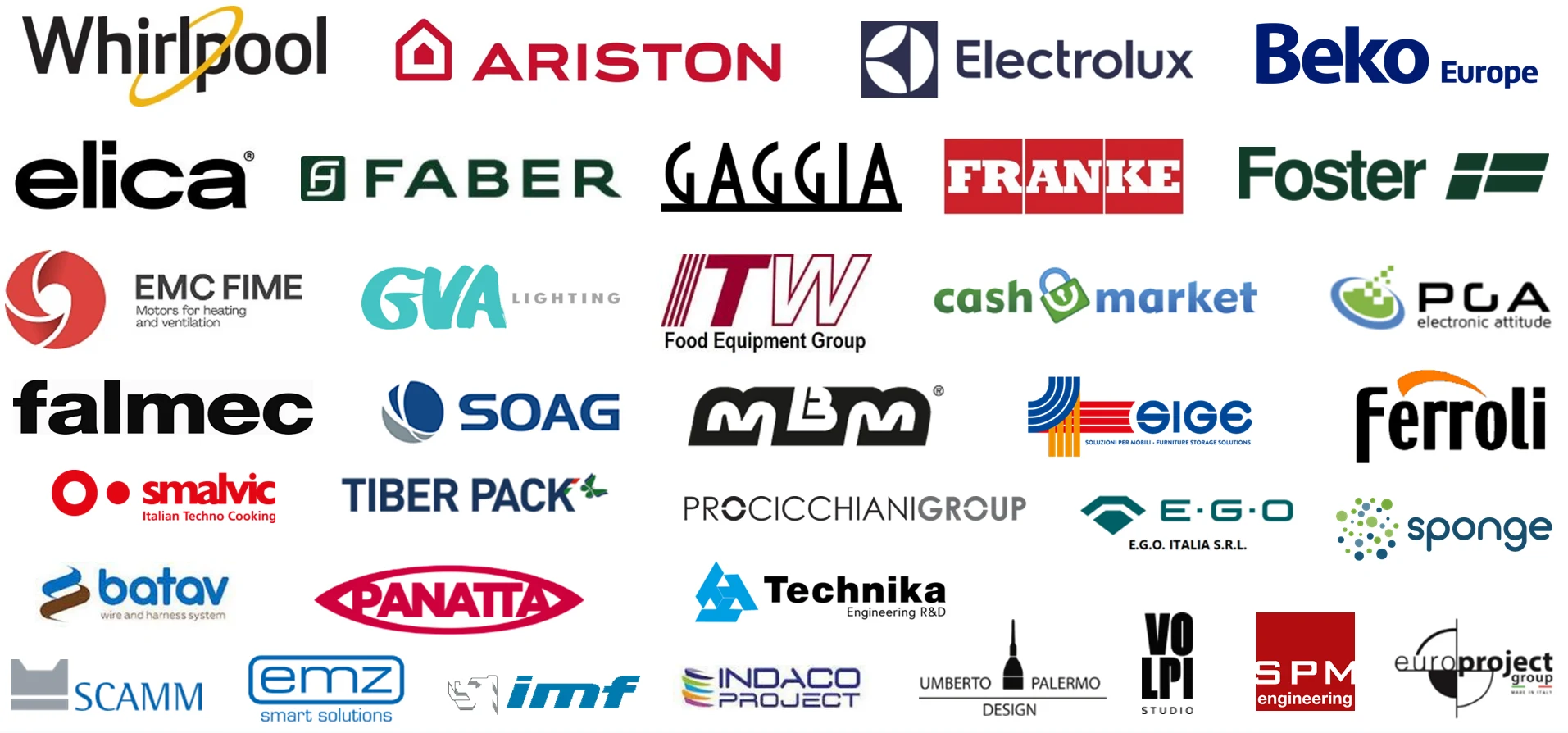 Loghi dei brand partner di Solution S.r.l.: Whirlpool, Ariston, Electrolux, Beko e altri
